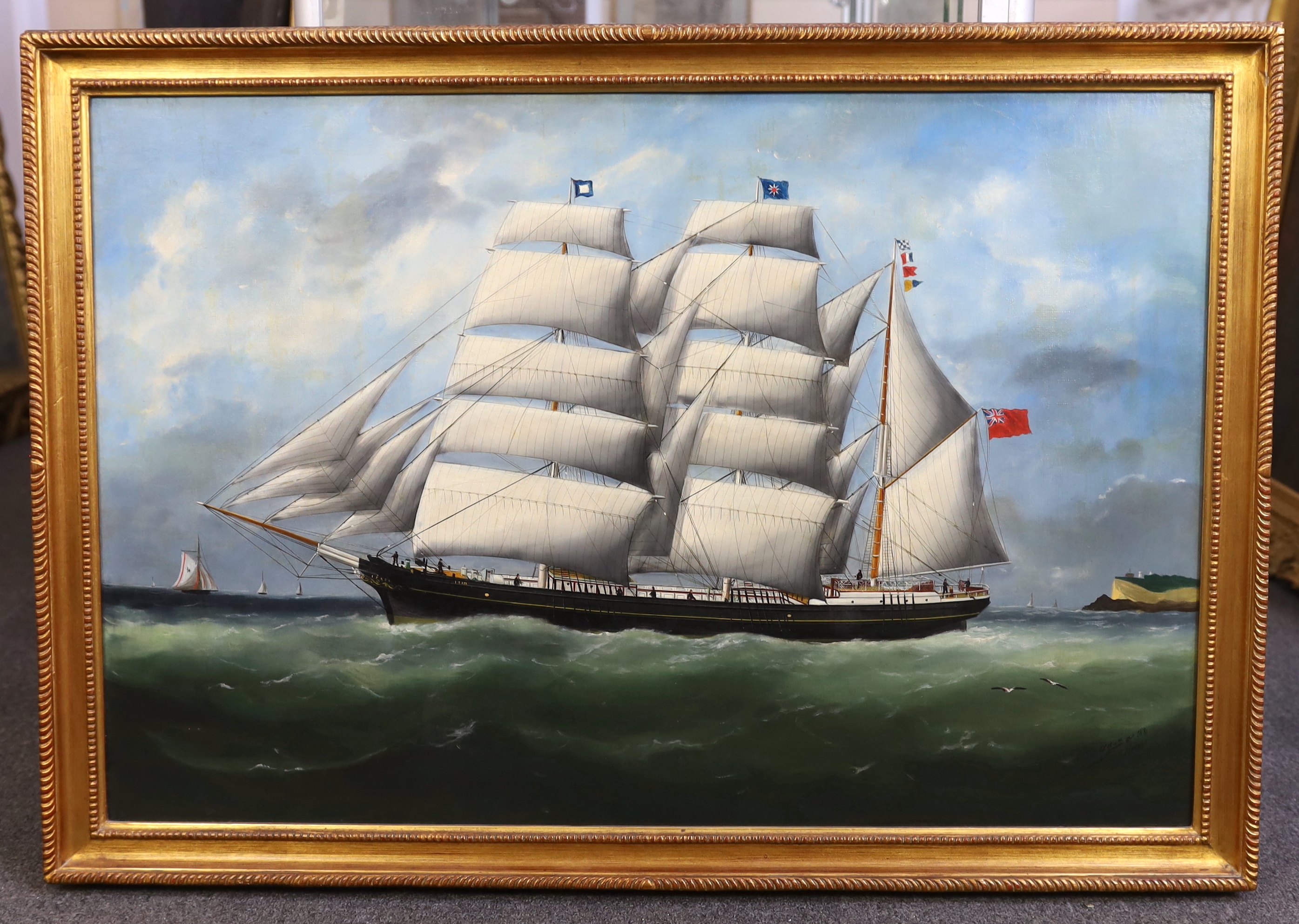 Marie-Édouard Adam (French, 1847–1929), oil on canvas, 'The barque Ifafa leaving Le Havre', signed and dated 1881, 60 x 90cm